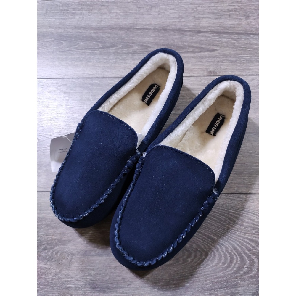 Lands End Suede Moc Slippers Big Kids 7 Navy Blue Faux Fur Moccasin Unisex